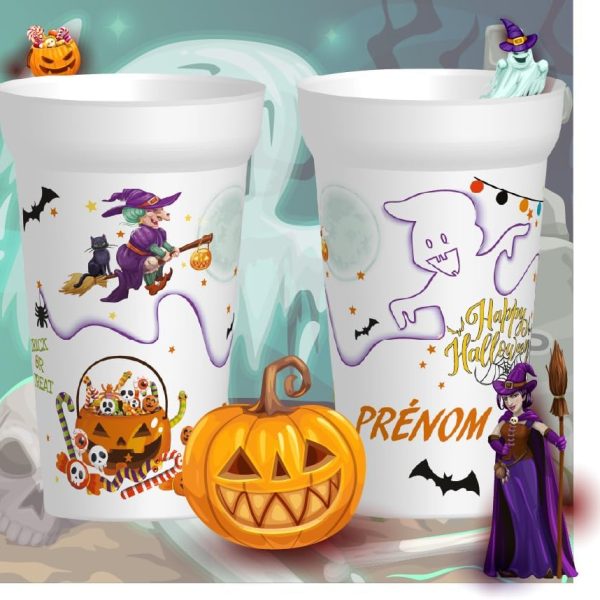 Gobelet Halloween personnalisé avec prénom et motifs amusants pour une fête d'enfants effrayante et joyeuse.