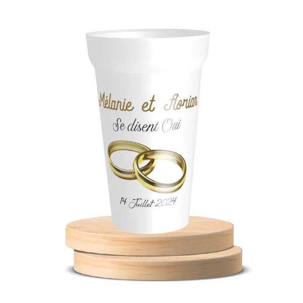 Gobelet mariage personnalisé "Alliances" - design noir et or, prénoms et date, plastique PP sans BPA.