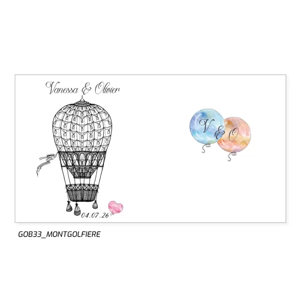 Gobelet en plastique blanc personnalisable avec un dessin de montgolfière pour un mariage.