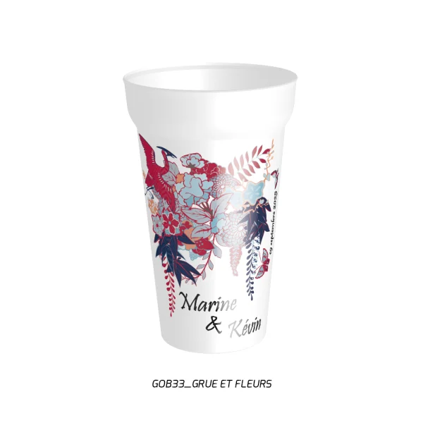 Gobelet mariage grue japonaise et fleurs