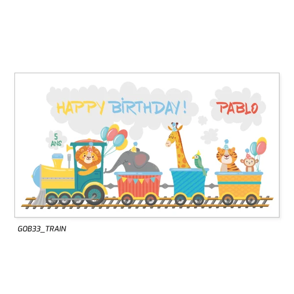 Un petit train coloré avec les animaux de la jungle dans les wagons pour fêter ton anniversaire.